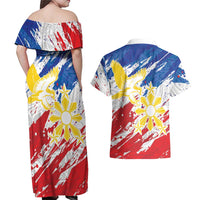 Personalized Filipino Sun and Stars Couples Matching Off Shoulder Maxi Dress and Hawaiian Shirt Grunge Vibes