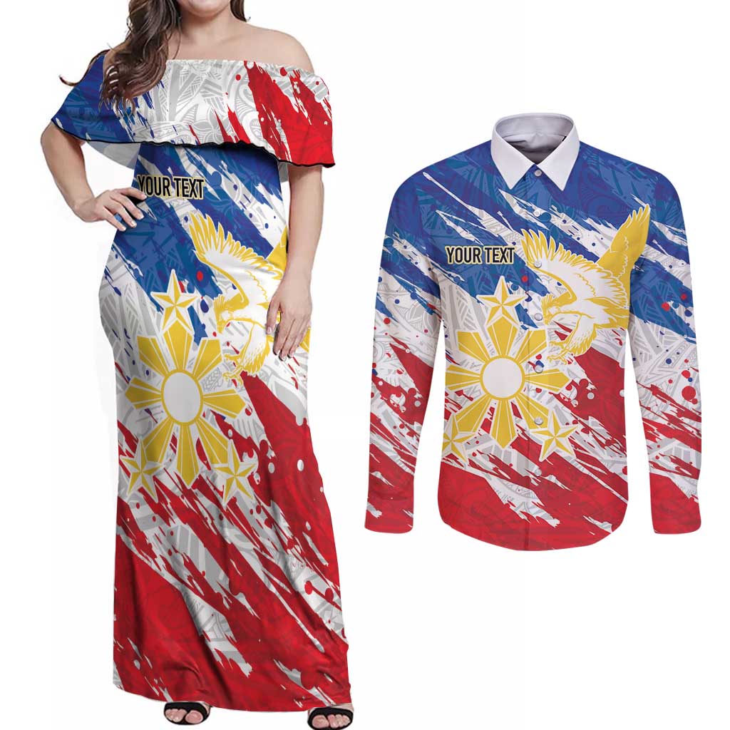 Personalized Filipino Sun and Stars Couples Matching Off Shoulder Maxi Dress and Long Sleeve Button Shirt Grunge Vibes