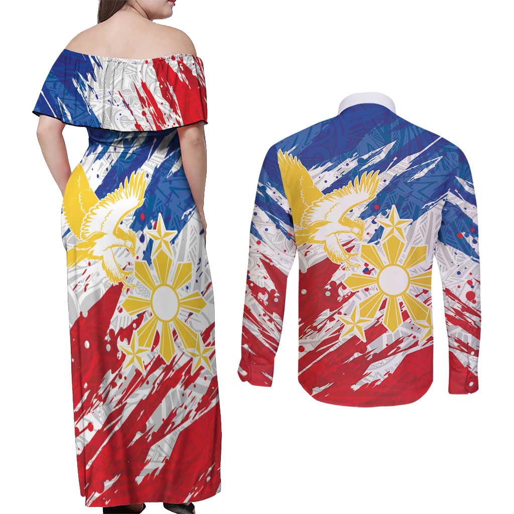 Personalized Filipino Sun and Stars Couples Matching Off Shoulder Maxi Dress and Long Sleeve Button Shirt Grunge Vibes