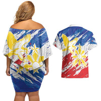 Personalized Filipino Sun and Stars Couples Matching Off Shoulder Short Dress and Hawaiian Shirt Grunge Vibes
