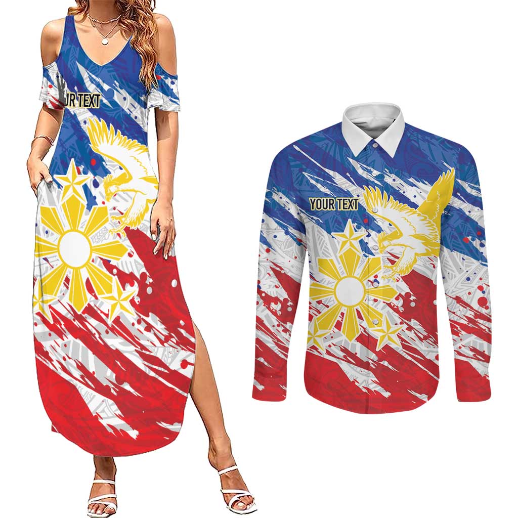 Personalized Filipino Sun and Stars Couples Matching Summer Maxi Dress and Long Sleeve Button Shirt Grunge Vibes