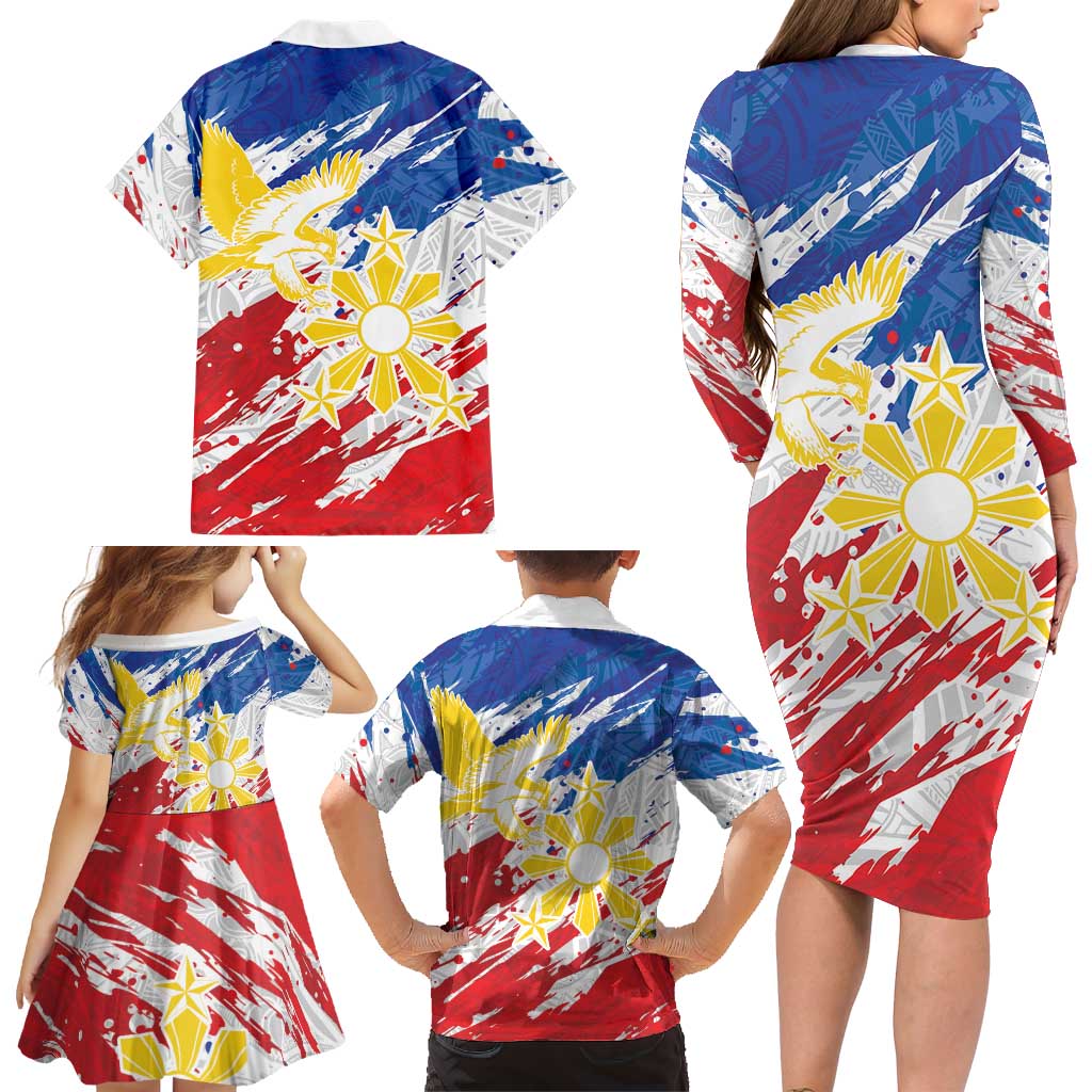 Personalized Filipino Sun and Stars Family Matching Long Sleeve Bodycon Dress and Hawaiian Shirt Grunge Vibes