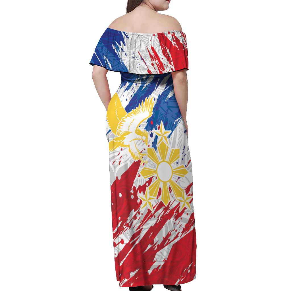Personalized Filipino Sun and Stars Off Shoulder Maxi Dress Grunge Vibes LT7 - Polynesian Pride