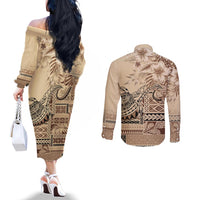 Vaiaso o le Gagana Samoa Couples Matching Off The Shoulder Long Sleeve Dress and Long Sleeve Button Shirt Siapo Motif Beige