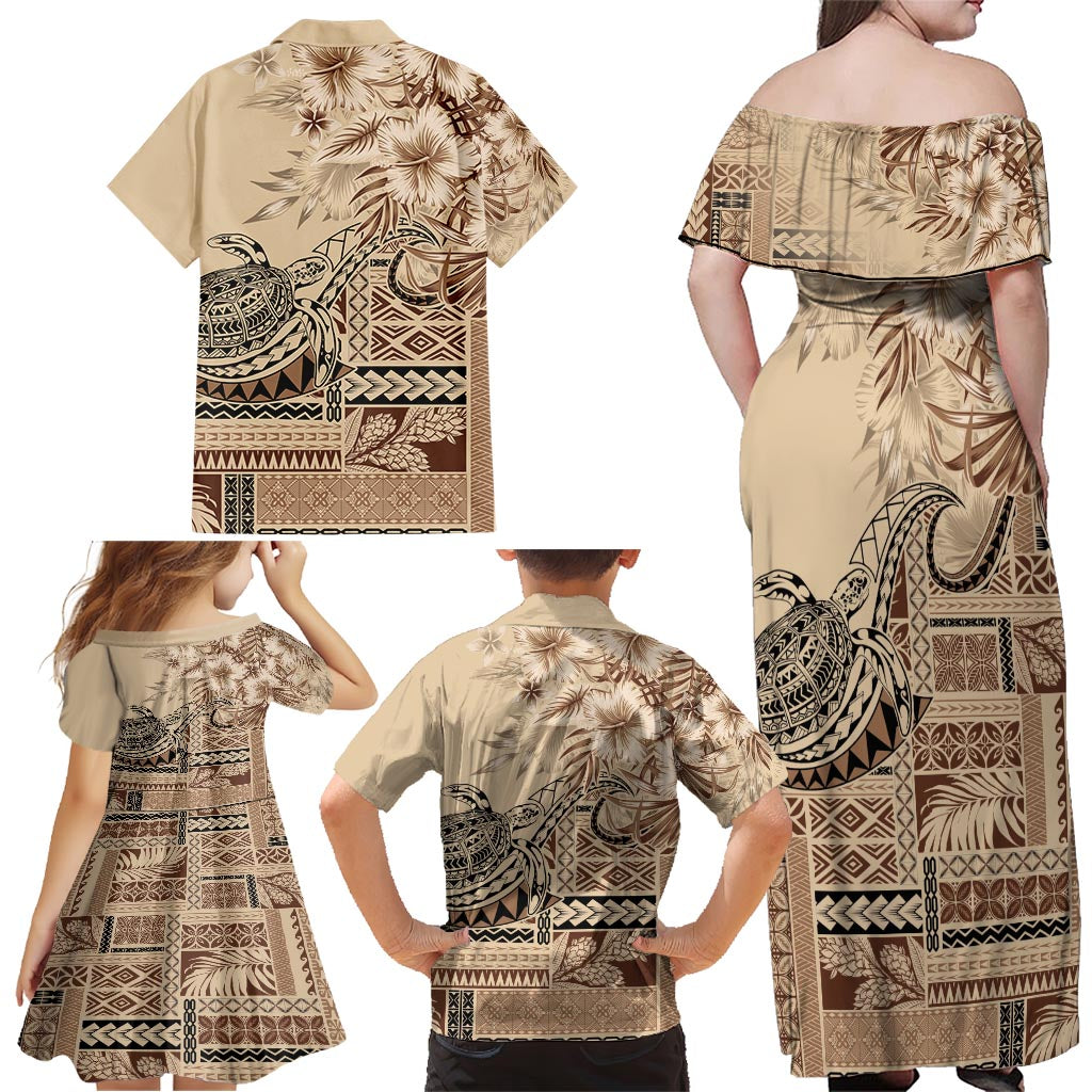Vaiaso o le Gagana Samoa Family Matching Off Shoulder Maxi Dress and Hawaiian Shirt Siapo Motif Beige