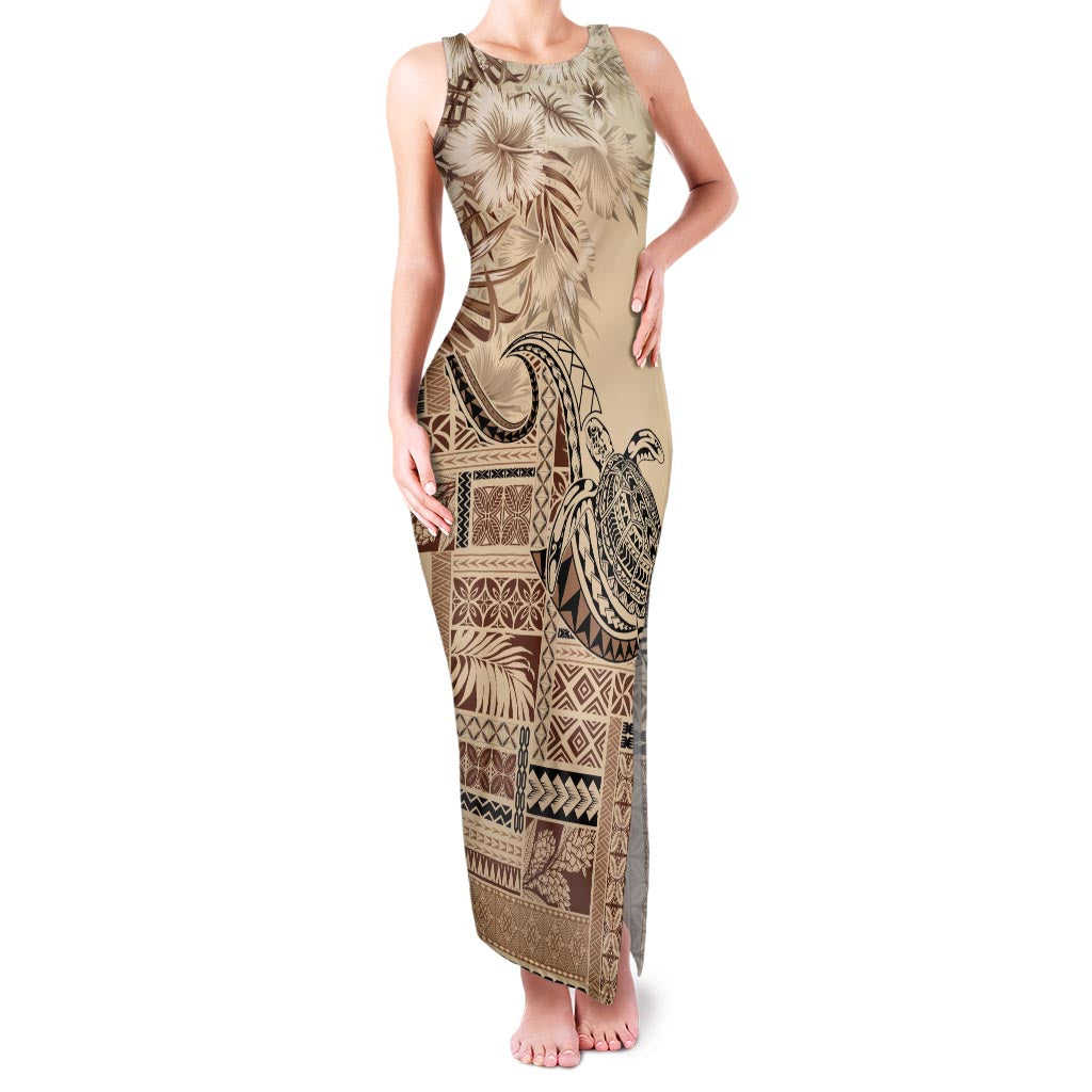 Vaiaso o le Gagana Samoa Family Matching Tank Maxi Dress and Hawaiian Shirt Siapo Motif Beige