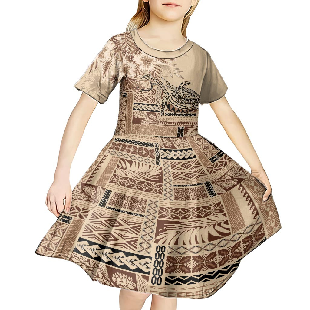Vaiaso o le Gagana Samoa Kid Short Sleeve Dress Siapo Motif Beige