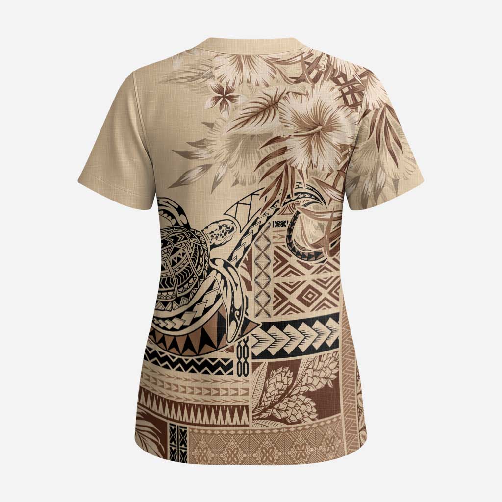 Vaiaso o le Gagana Samoa Scrub Top Siapo Motif Beige LT7 - Polynesian Pride