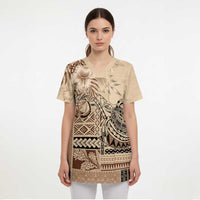Vaiaso o le Gagana Samoa Scrub Top Siapo Motif Beige LT7 - Polynesian Pride