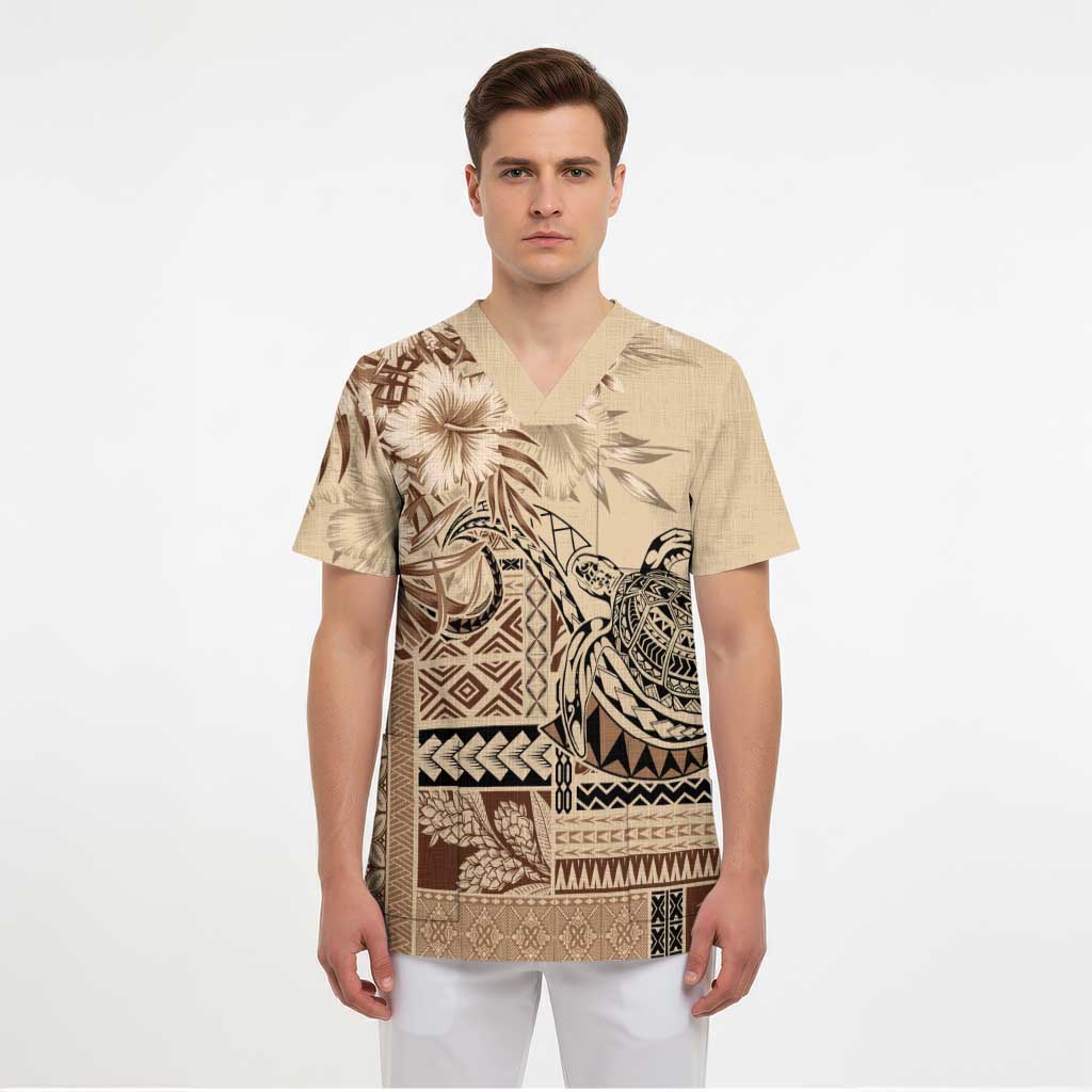 Vaiaso o le Gagana Samoa Scrub Top Siapo Motif Beige LT7 - Polynesian Pride