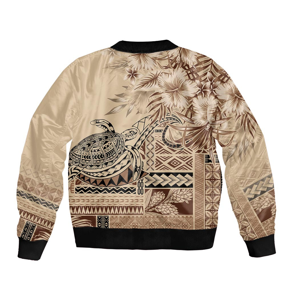 Vaiaso o le Gagana Samoa Sleeve Zip Bomber Jacket Siapo Motif Beige