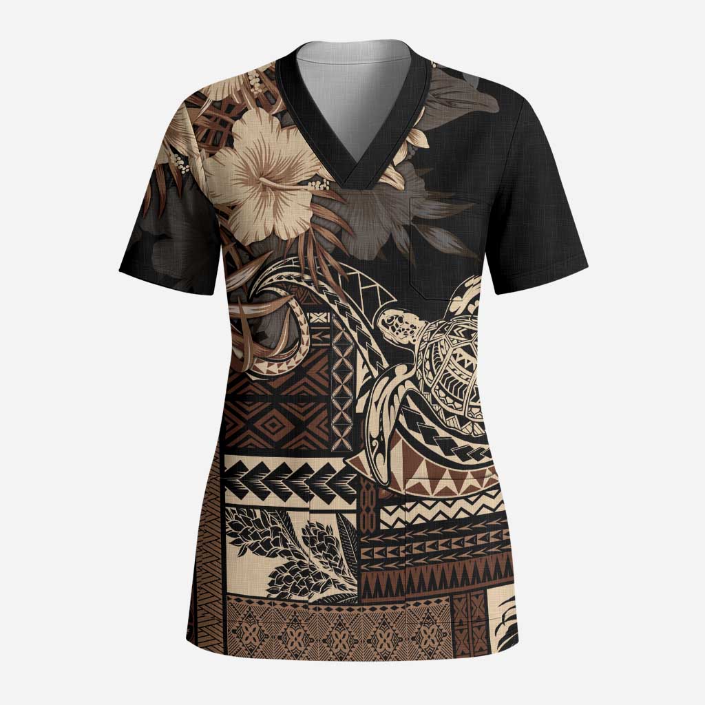 Vaiaso o le Gagana Samoa Scrub Top Siapo Motif Black LT7 Adult Black - Polynesian Pride