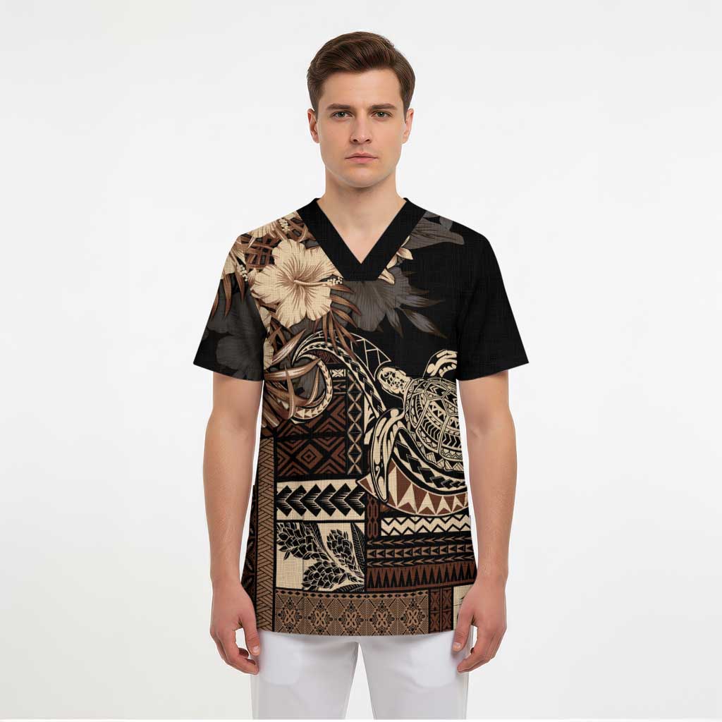 Vaiaso o le Gagana Samoa Scrub Top Siapo Motif Black LT7 - Polynesian Pride
