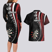 Personalized New Zealand Darts Couples Matching Long Sleeve Bodycon Dress and Hawaiian Shirt Kowhaiwhai Whero Koiri - Manaia