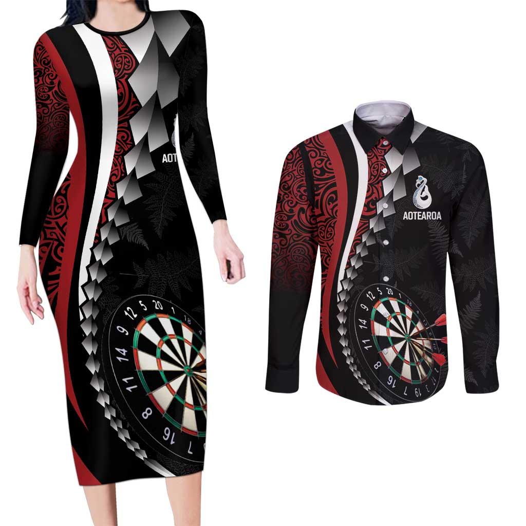 Personalized New Zealand Darts Couples Matching Long Sleeve Bodycon Dress and Long Sleeve Button Shirt Kowhaiwhai Whero Koiri - Manaia