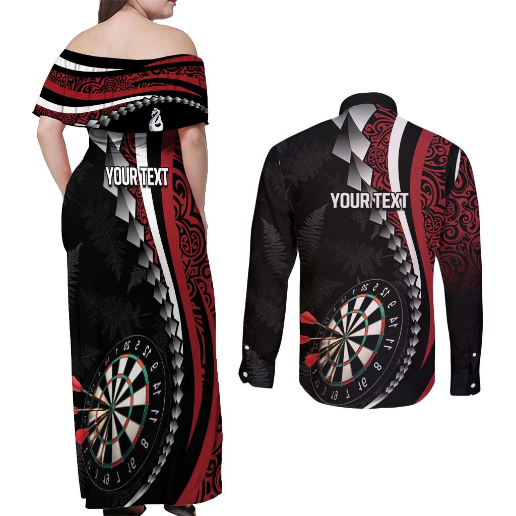 Personalized New Zealand Darts Couples Matching Off Shoulder Maxi Dress and Long Sleeve Button Shirt Kowhaiwhai Whero Koiri - Manaia