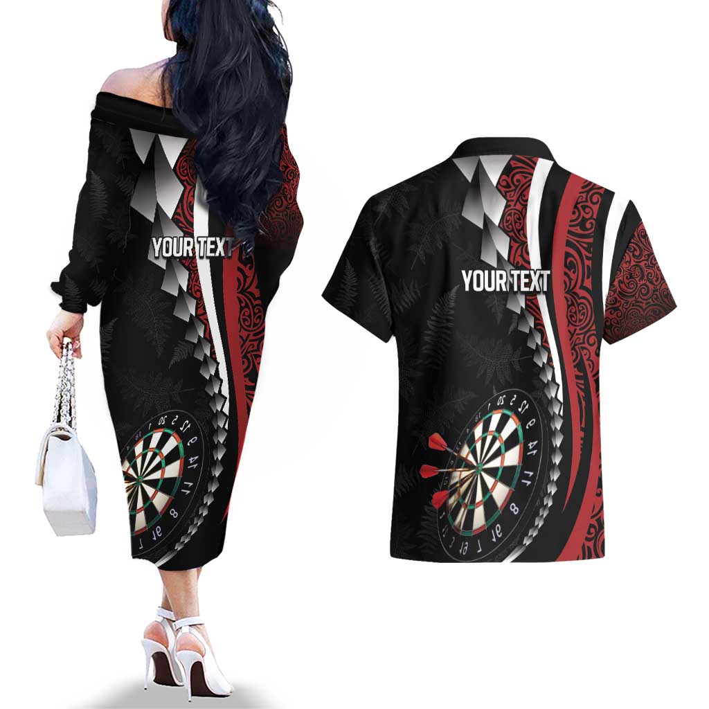 Personalized New Zealand Darts Couples Matching Off The Shoulder Long Sleeve Dress and Hawaiian Shirt Kowhaiwhai Whero Koiri - Manaia