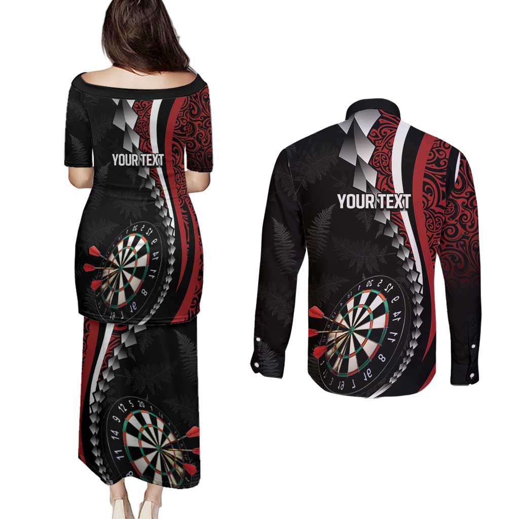 Personalized New Zealand Darts Couples Matching Puletasi and Long Sleeve Button Shirt Kowhaiwhai Whero Koiri - Manaia