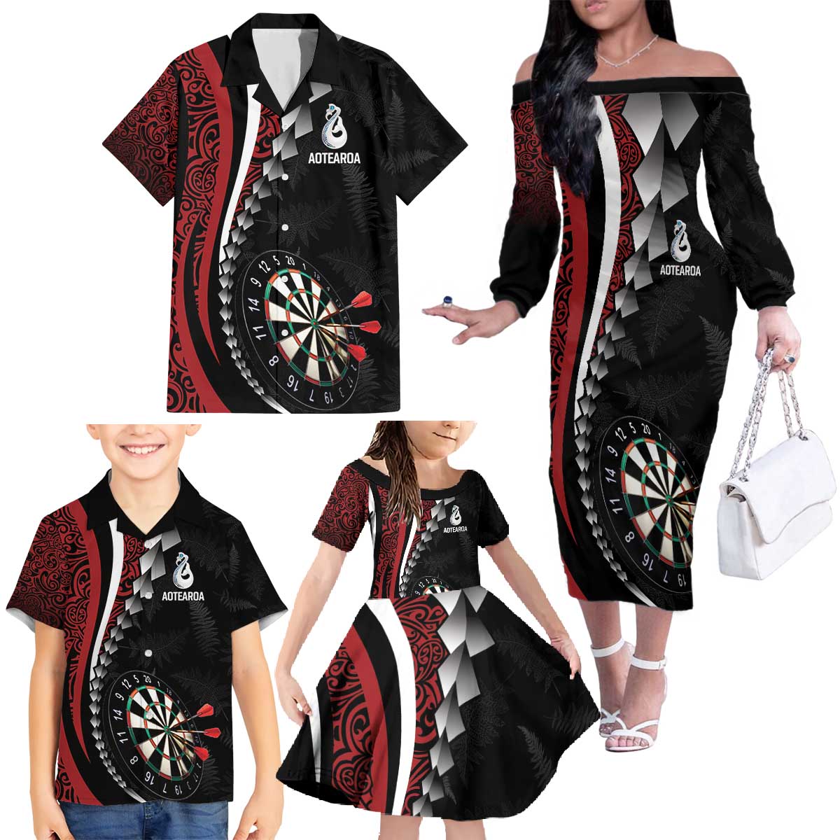 Personalized New Zealand Darts Family Matching Off The Shoulder Long Sleeve Dress and Hawaiian Shirt Kowhaiwhai Whero Koiri - Manaia
