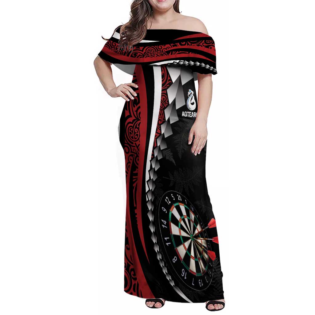 Personalized New Zealand Darts Family Matching Off Shoulder Maxi Dress and Hawaiian Shirt Kowhaiwhai Whero Koiri - Manaia