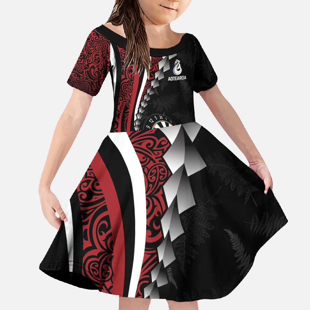 Personalized New Zealand Darts Family Matching Short Sleeve Bodycon Dress and Hawaiian Shirt Kowhaiwhai Whero Koiri - Manaia