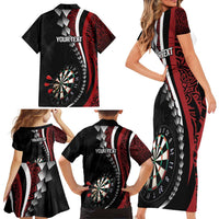 Personalized New Zealand Darts Family Matching Short Sleeve Bodycon Dress and Hawaiian Shirt Kowhaiwhai Whero Koiri - Manaia