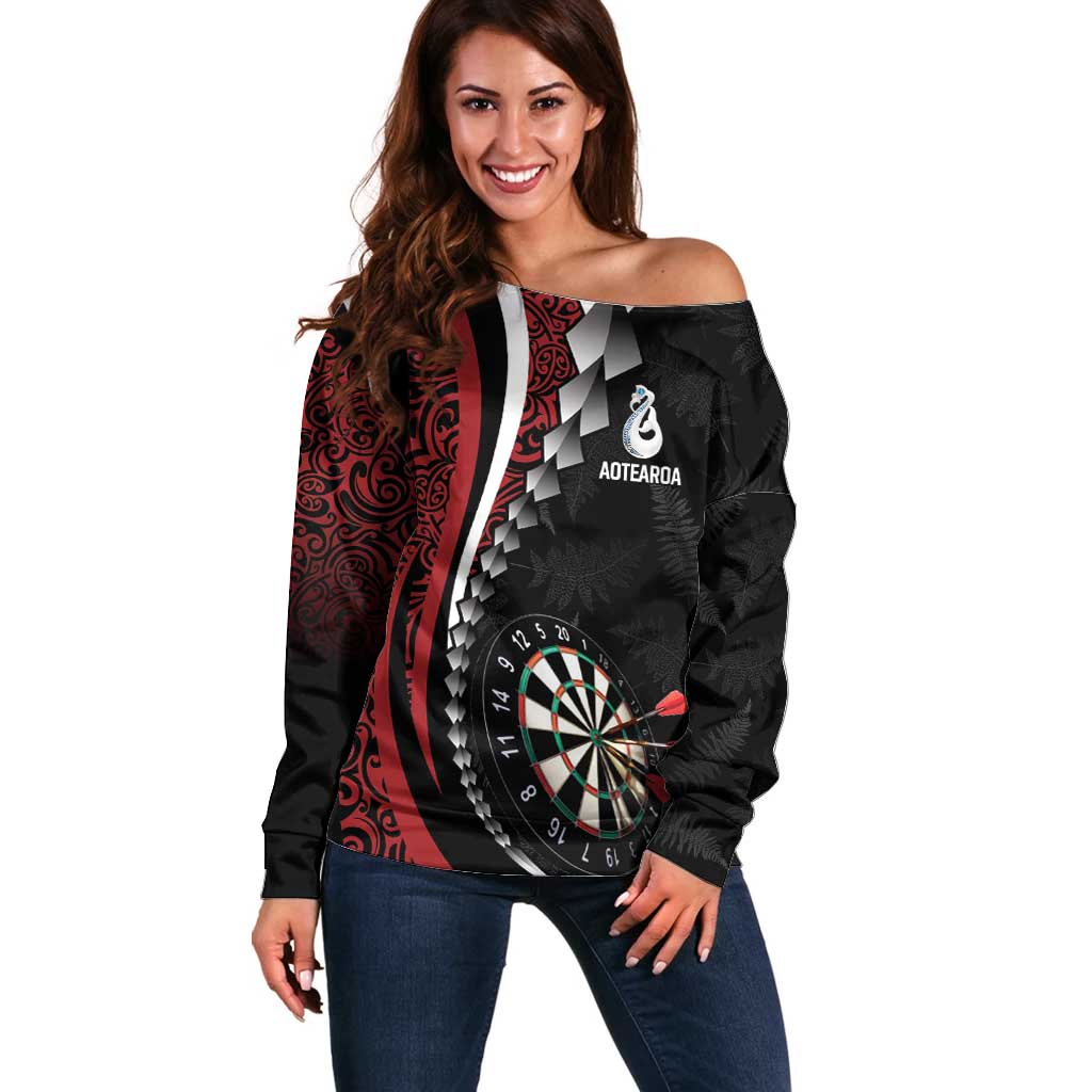 Personalized New Zealand Darts Off Shoulder Sweater Kowhaiwhai Whero Koiri - Manaia