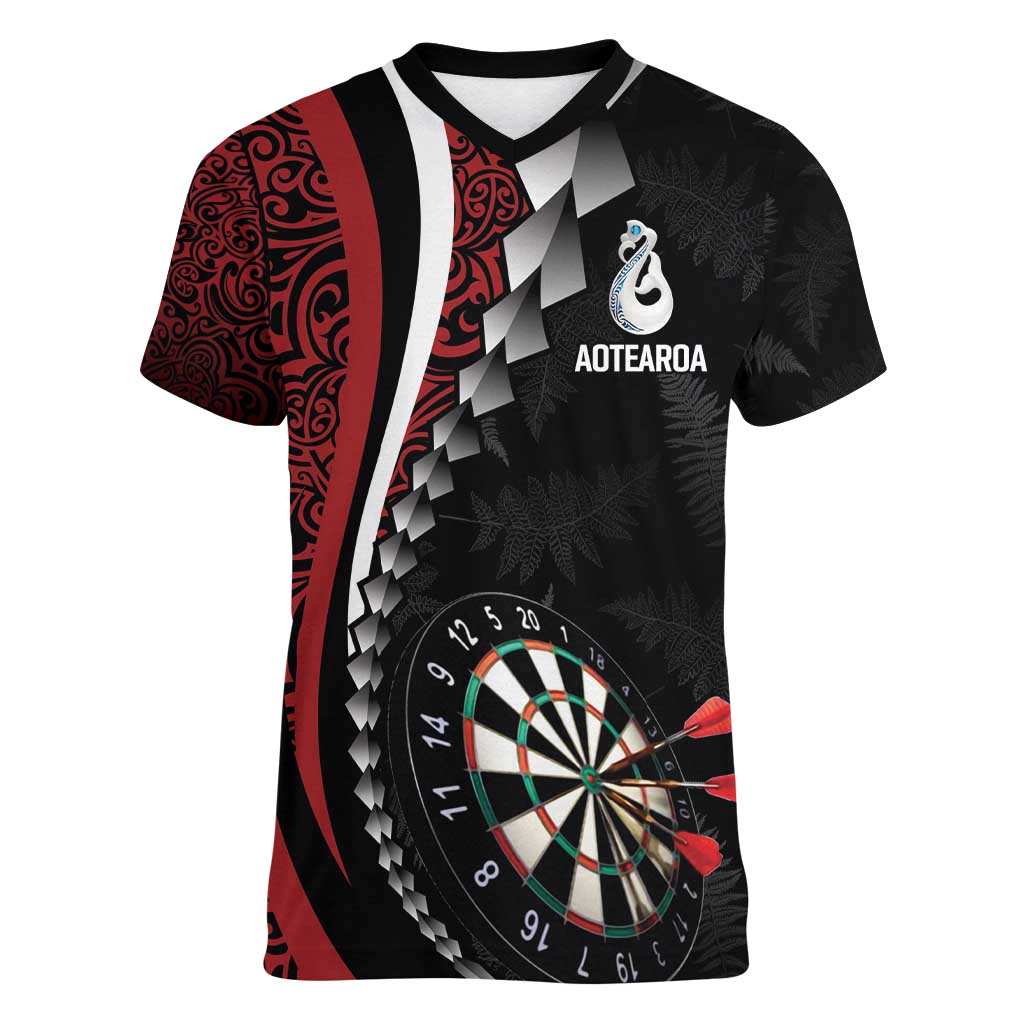 Personalized New Zealand Darts Women V-Neck T-Shirt Kowhaiwhai Whero Koiri - Manaia