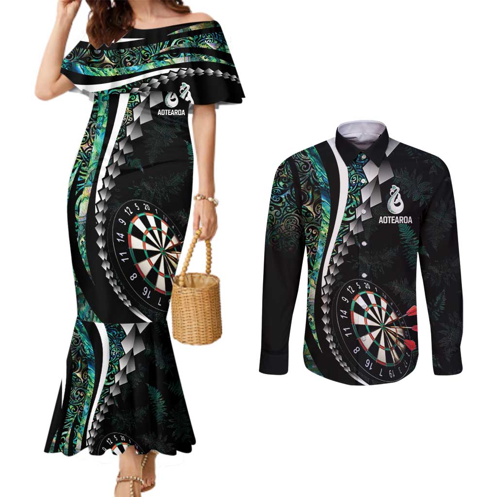 Personalized New Zealand Darts Couples Matching Mermaid Dress and Long Sleeve Button Shirt Paua Shell Koiri - Manaia