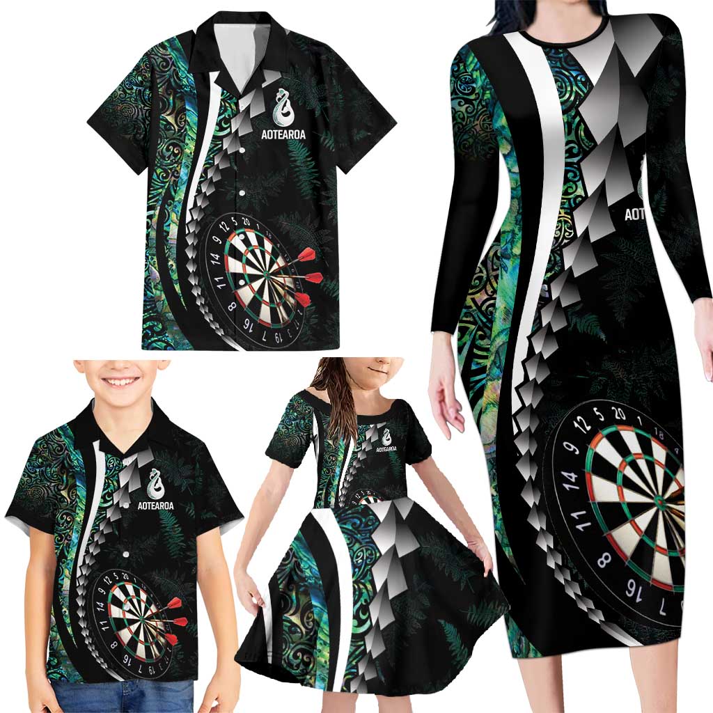Personalized New Zealand Darts Family Matching Long Sleeve Bodycon Dress and Hawaiian Shirt Paua Shell Koiri - Manaia