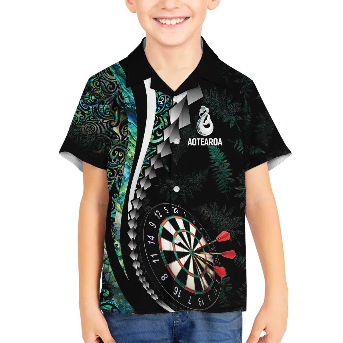 Personalized New Zealand Darts Family Matching Off The Shoulder Long Sleeve Dress and Hawaiian Shirt Paua Shell Koiri - Manaia