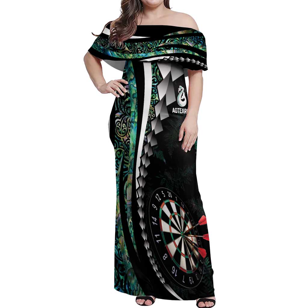 Personalized New Zealand Darts Off Shoulder Maxi Dress Paua Shell Koiri - Manaia