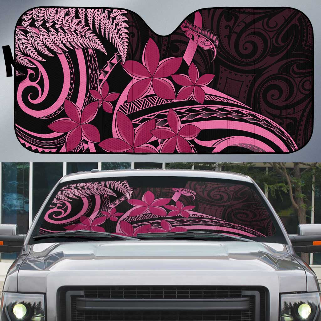 Aotearoa Maori Auto Sun Shade Pink Fern Ribbons on Black - Polynesian Pride