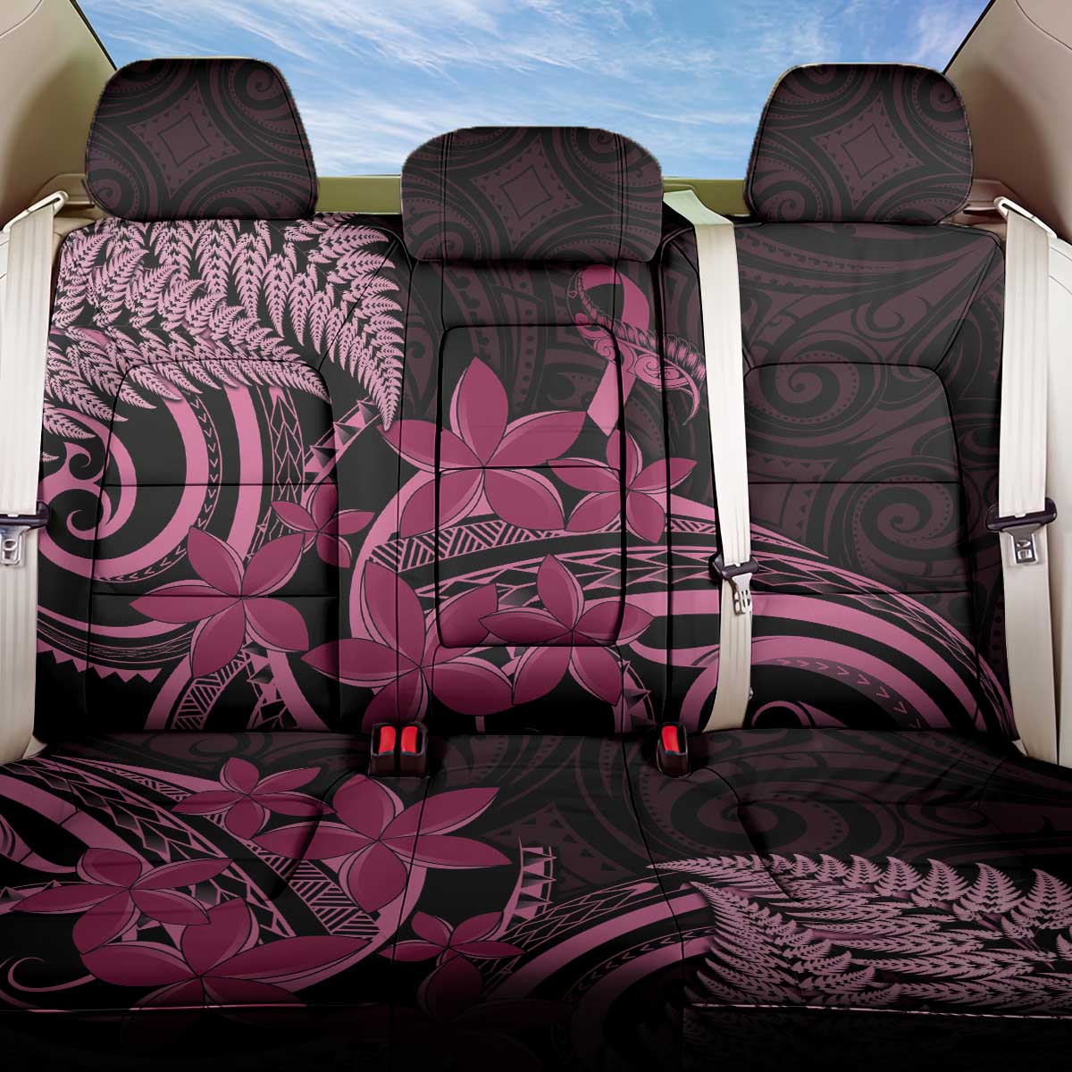 Aotearoa Maori Back Car Seat Cover Pink Fern Ribbons on Black - Polynesian Pride