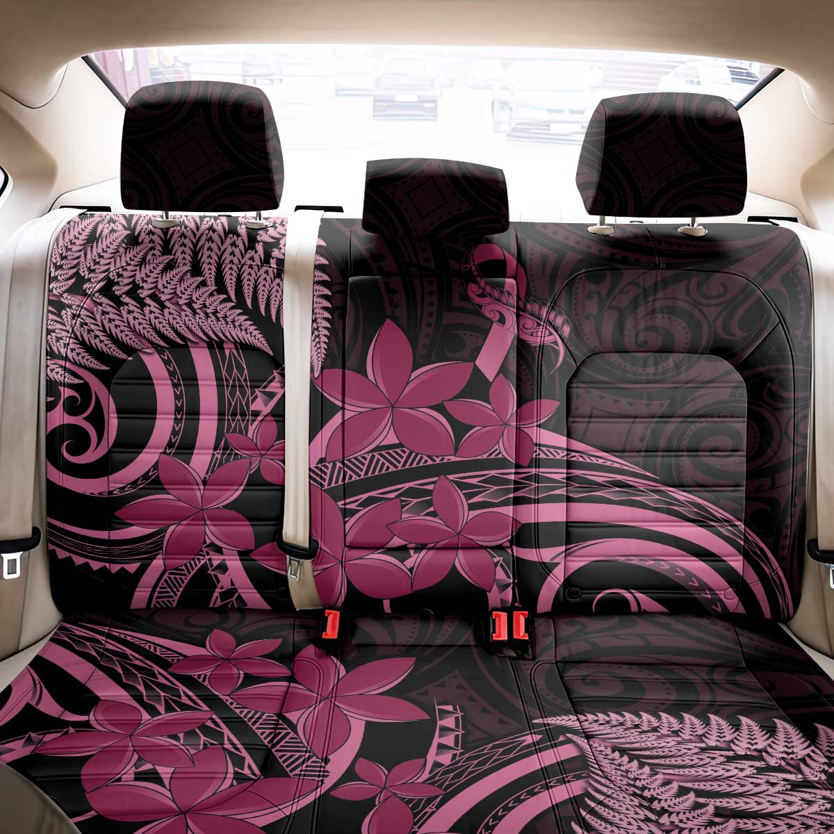 Aotearoa Maori Back Car Seat Cover Pink Fern Ribbons on Black - Polynesian Pride
