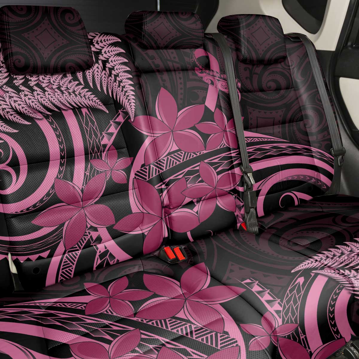 Aotearoa Maori Back Car Seat Cover Pink Fern Ribbons on Black - Polynesian Pride
