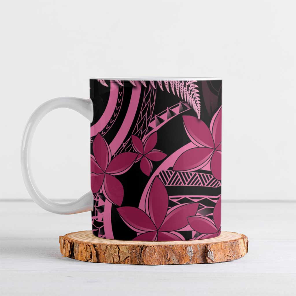 Aotearoa Maori Ceramic Mug Pink Fern Ribbons on Black - Polynesian Pride