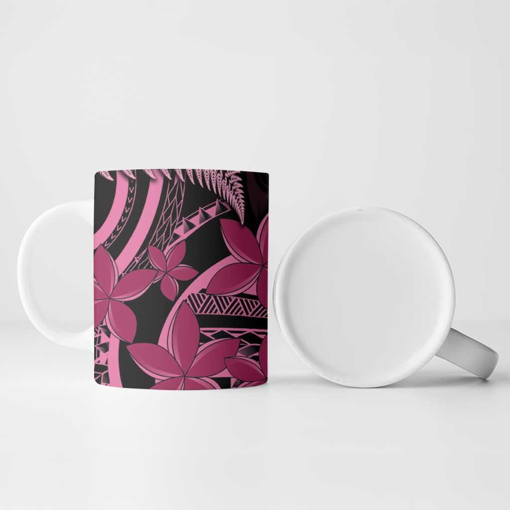 Aotearoa Maori Ceramic Mug Pink Fern Ribbons on Black - Polynesian Pride