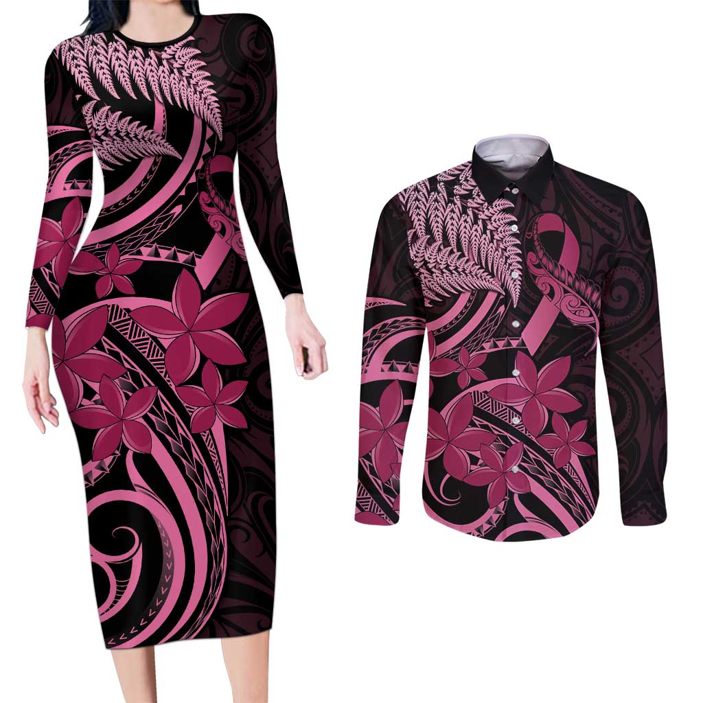 Aotearoa Maori Couples Matching Long Sleeve Bodycon Dress and Long Sleeve Button Shirt Pink Fern Ribbons on Black - Polynesian Pride