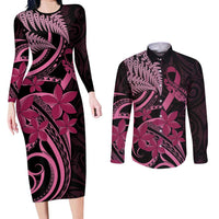 Aotearoa Maori Couples Matching Long Sleeve Bodycon Dress and Long Sleeve Button Shirt Pink Fern Ribbons on Black - Polynesian Pride