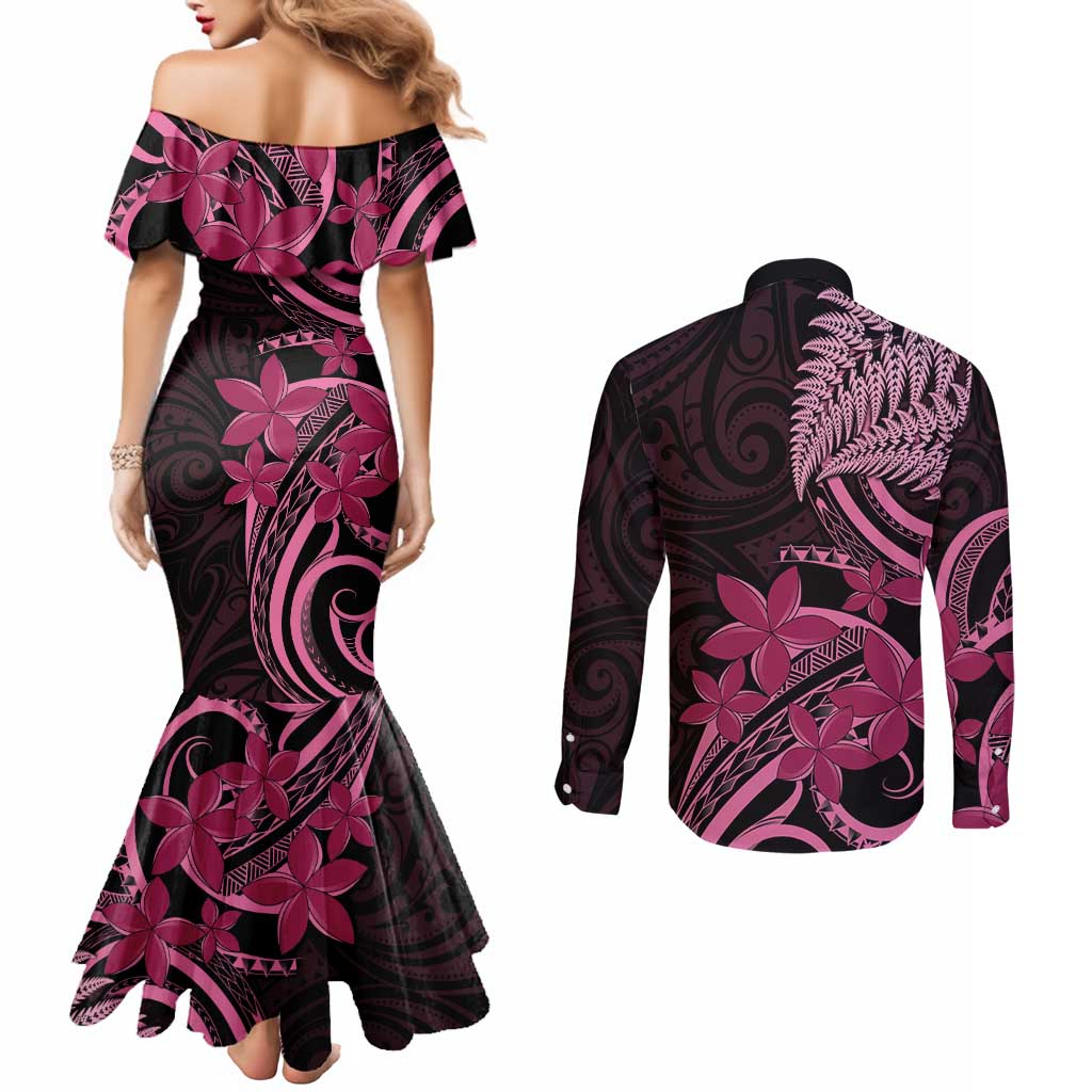 Aotearoa Maori Couples Matching Mermaid Dress and Long Sleeve Button Shirt Pink Fern Ribbons on Black - Polynesian Pride
