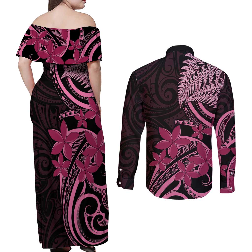 Aotearoa Maori Couples Matching Off Shoulder Maxi Dress and Long Sleeve Button Shirt Pink Fern Ribbons on Black - Polynesian Pride