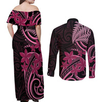 Aotearoa Maori Couples Matching Off Shoulder Maxi Dress and Long Sleeve Button Shirt Pink Fern Ribbons on Black - Polynesian Pride