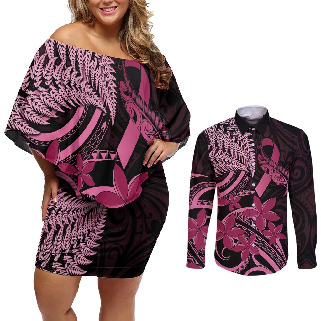 Aotearoa Maori Couples Matching Off Shoulder Short Dress and Long Sleeve Button Shirt Pink Fern Ribbons on Black - Polynesian Pride