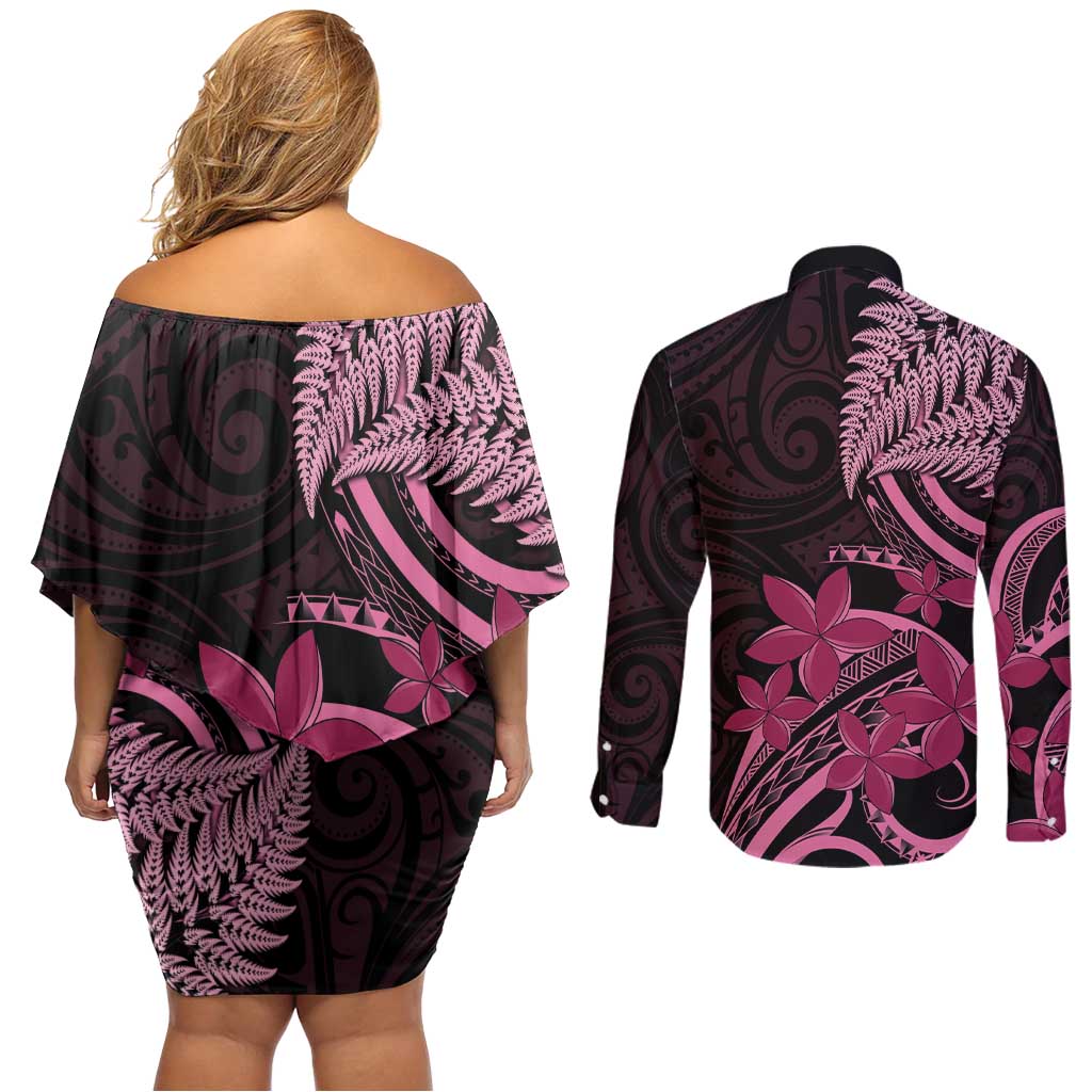 Aotearoa Maori Couples Matching Off Shoulder Short Dress and Long Sleeve Button Shirt Pink Fern Ribbons on Black - Polynesian Pride