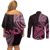 Aotearoa Maori Couples Matching Off Shoulder Short Dress and Long Sleeve Button Shirt Pink Fern Ribbons on Black - Polynesian Pride