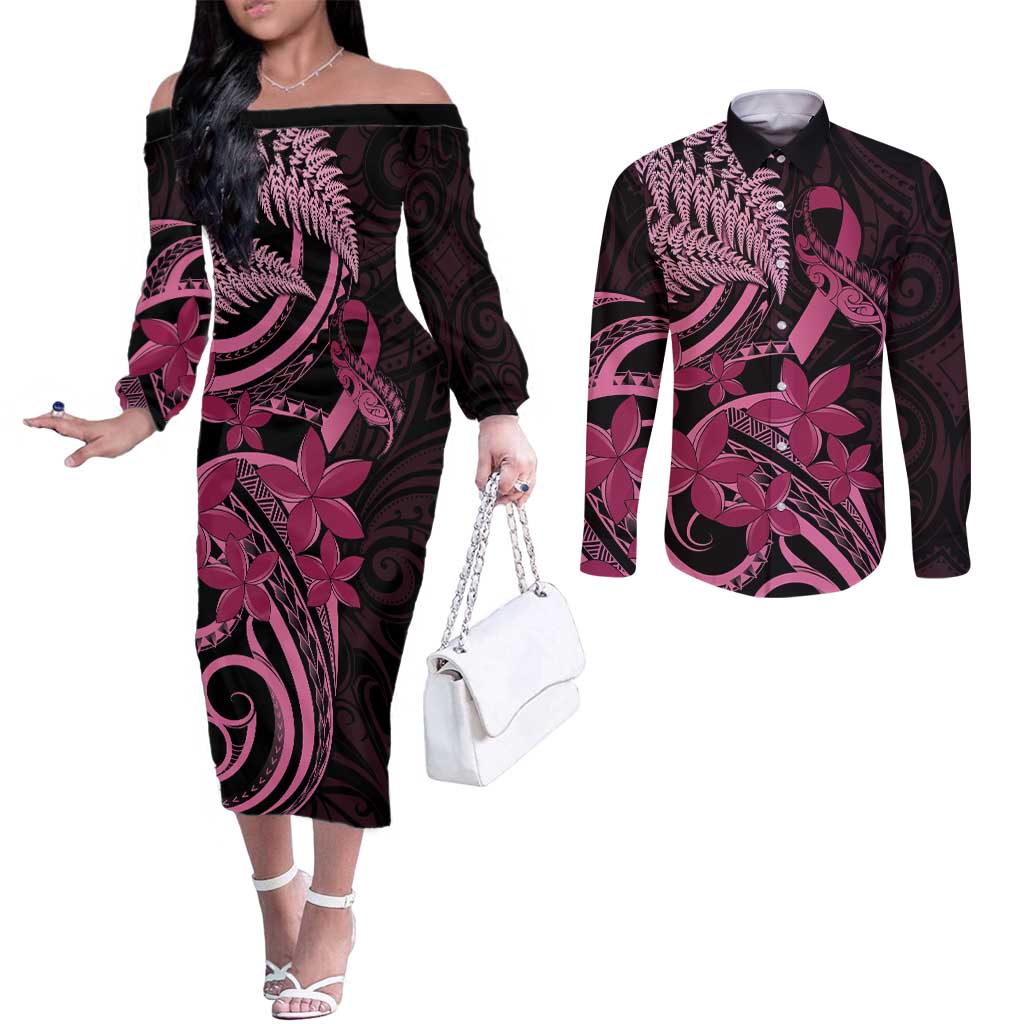 Aotearoa Maori Couples Matching Off The Shoulder Long Sleeve Dress and Long Sleeve Button Shirt Pink Fern Ribbons on Black - Polynesian Pride