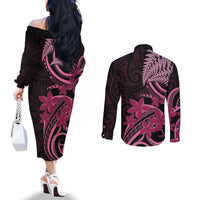 Aotearoa Maori Couples Matching Off The Shoulder Long Sleeve Dress and Long Sleeve Button Shirt Pink Fern Ribbons on Black - Polynesian Pride