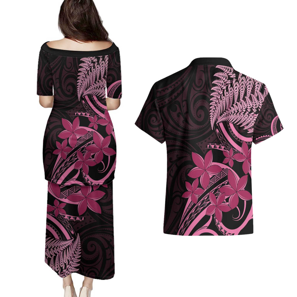 Aotearoa Maori Couples Matching Puletasi and Hawaiian Shirt Pink Fern Ribbons on Black - Polynesian Pride