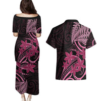 Aotearoa Maori Couples Matching Puletasi and Hawaiian Shirt Pink Fern Ribbons on Black - Polynesian Pride